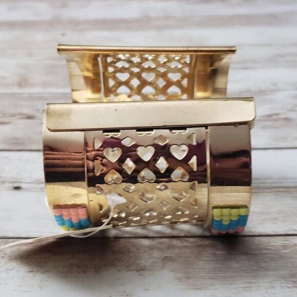 Large Statement Bracelet Cuff - Chunky Gold Tone with Beaded Multi Color Detail - Picture 4 of 4